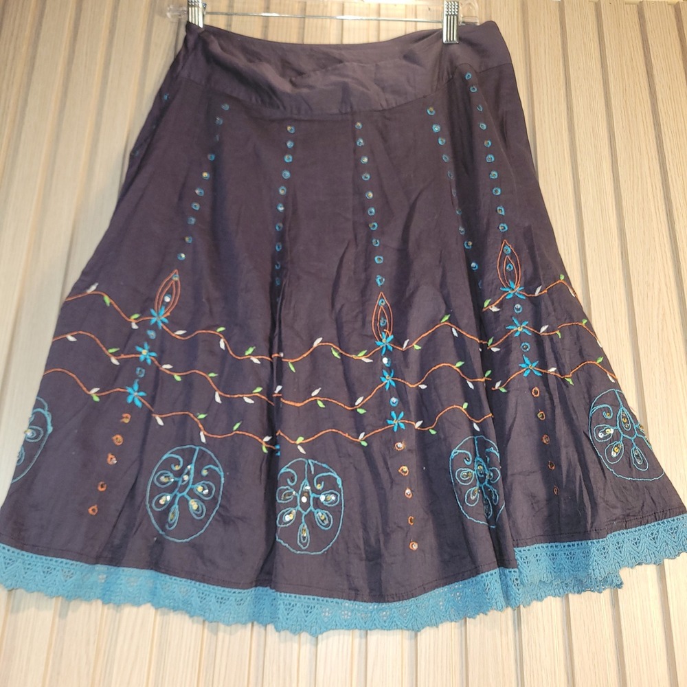Twenty One Purple Cotton Embroidered Boho Midi Skirt Teal Lace Trim Medium - Picture 2 of 7